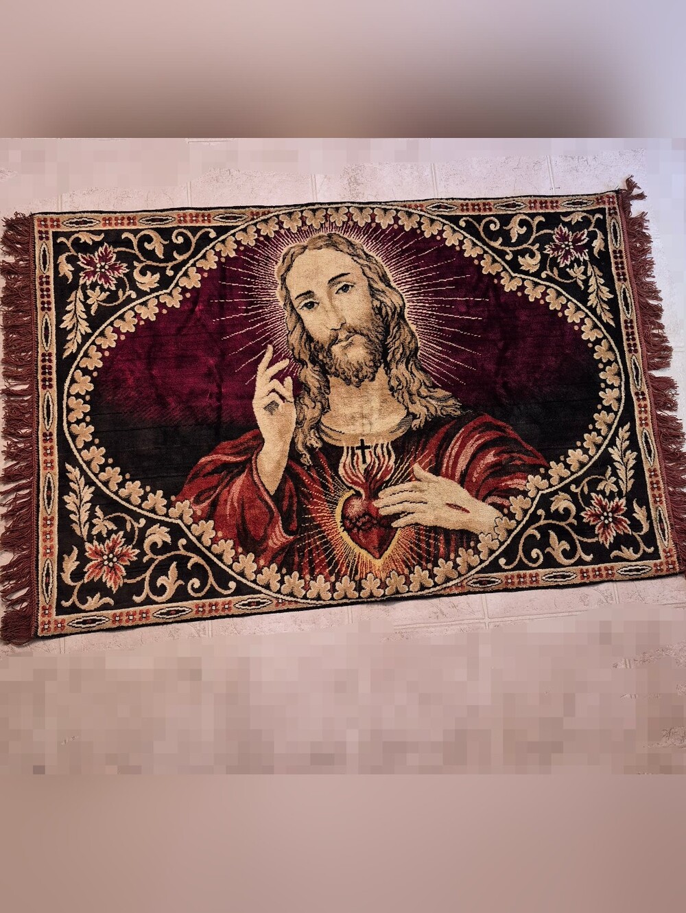 Religious Sacred Heart Jesus Wall Tapestry  (1960s)